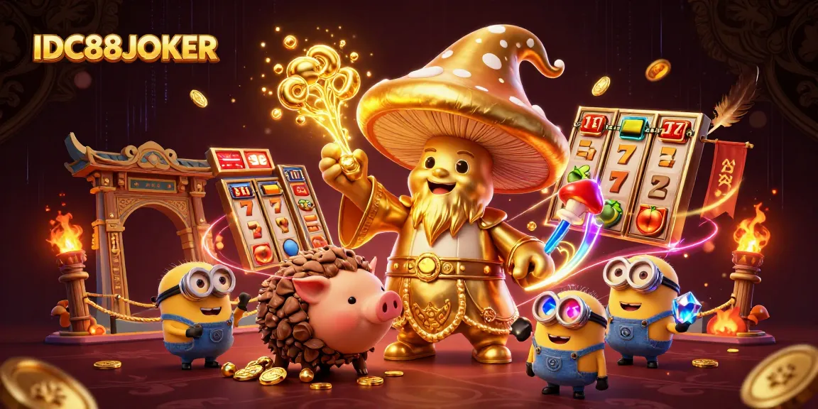 Engage with thrilling slot action at IDC88JOKER featuring a magical golden mushroom wizard and treasures.