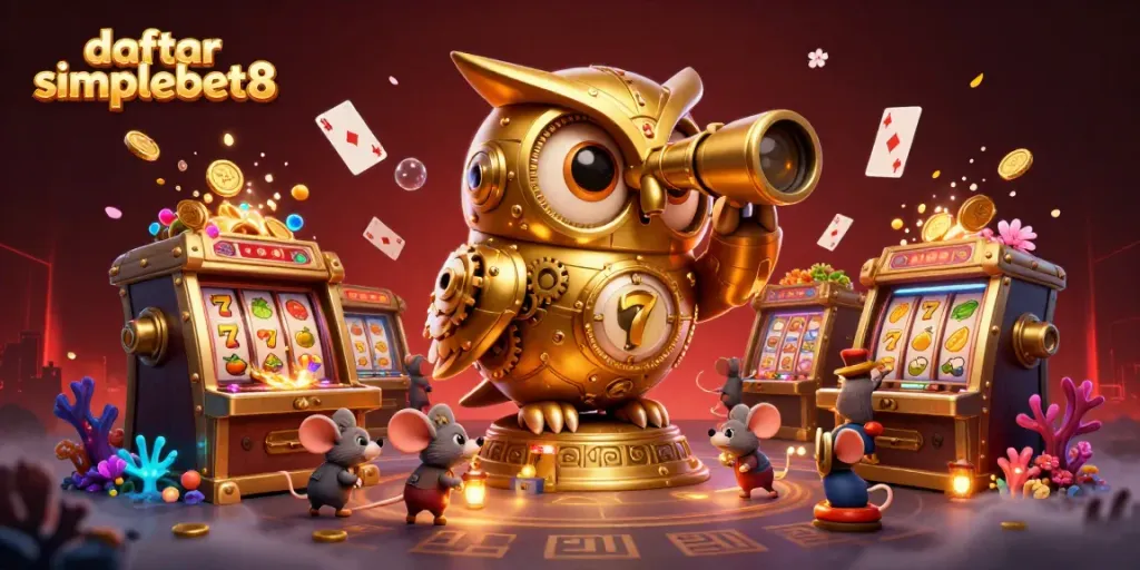Discover the fun of gambling and the thrill of slots at daftar simplebet8, featuring engaging characters in a vibrant casino.