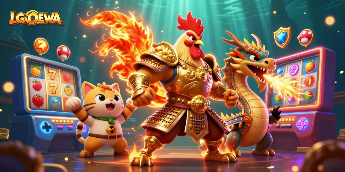 Experience the thrill of LGODEWA slots with a vibrant scene featuring symbols and action-packed characters.