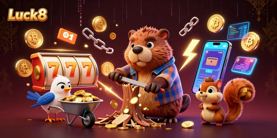 Experience thrilling jackpots at Luck8 with vibrant 3D characters and casino action in this dynamic illustration.