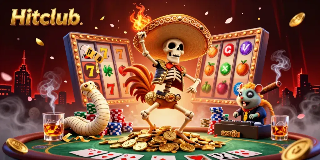 Hitclub casino illustration showing a victorious skeleton rooster and mummy snake amidst dynamic slot and poker elements, enhancing the gambling experience.