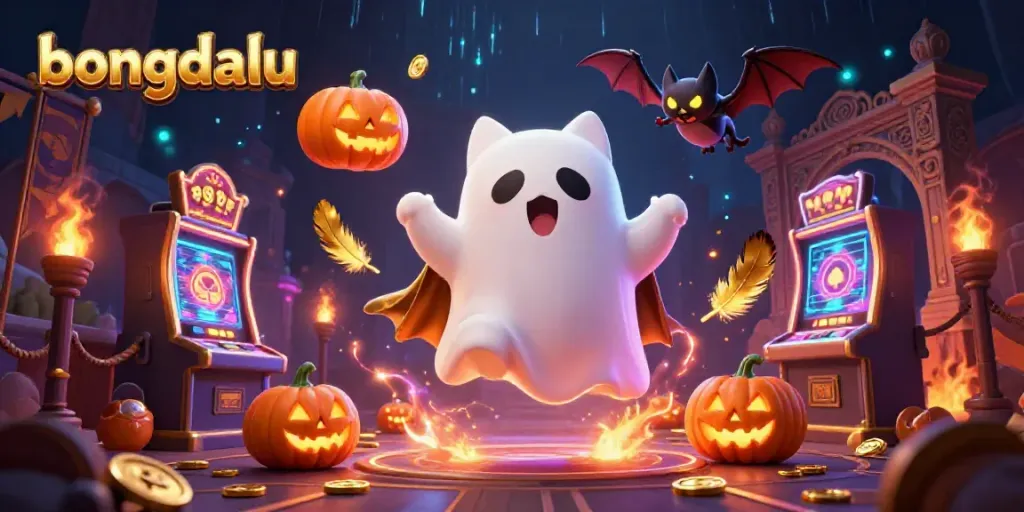 Enjoy the action on bongdalu with a ghost cat and bat in a haunted casino, capturing the thrills of gaming.