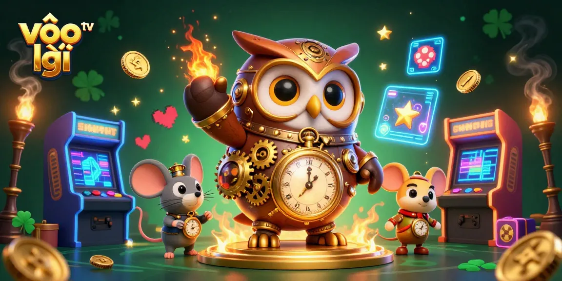 Experience the excitement of vào lưới tv with a captivating 3D scene showcasing a time-traveler owl and gaming elements.