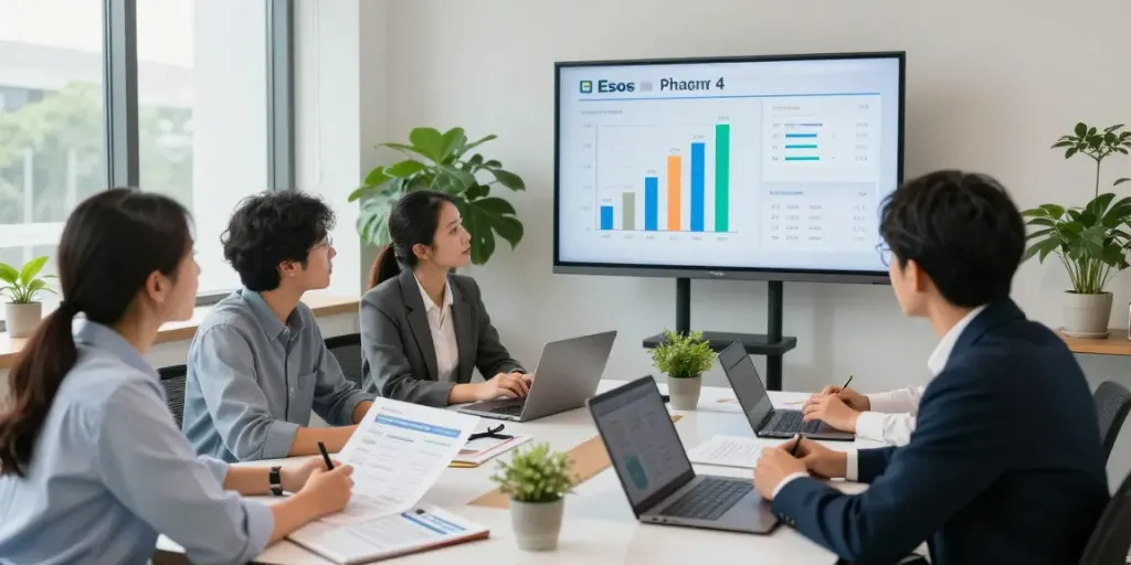 Business consultants discussing Esos phase 4 compliance strategies in a modern office.