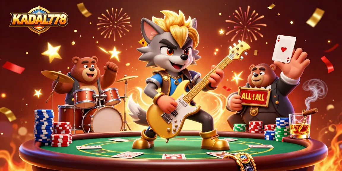 KADAL778 offers a vibrant casino experience featuring cartoon characters enjoying poker, embodying excitement and strong gambling themes.