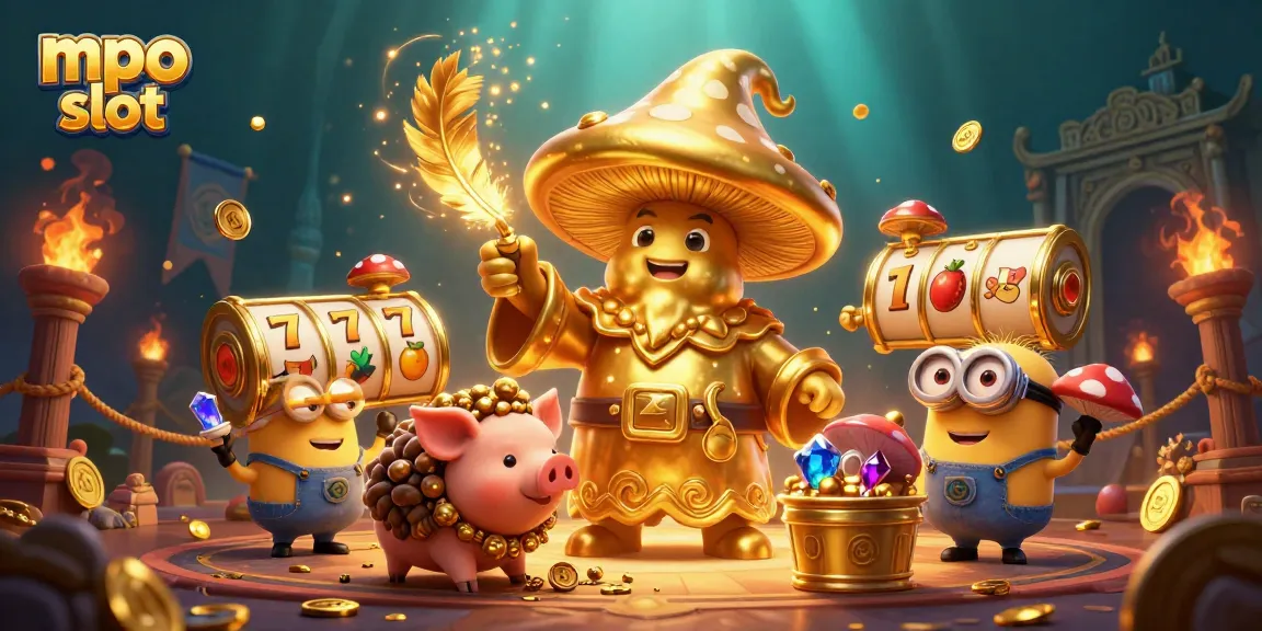 Engage with the vibrant mpo slot scene featuring magical characters, slot reels, and treasure.