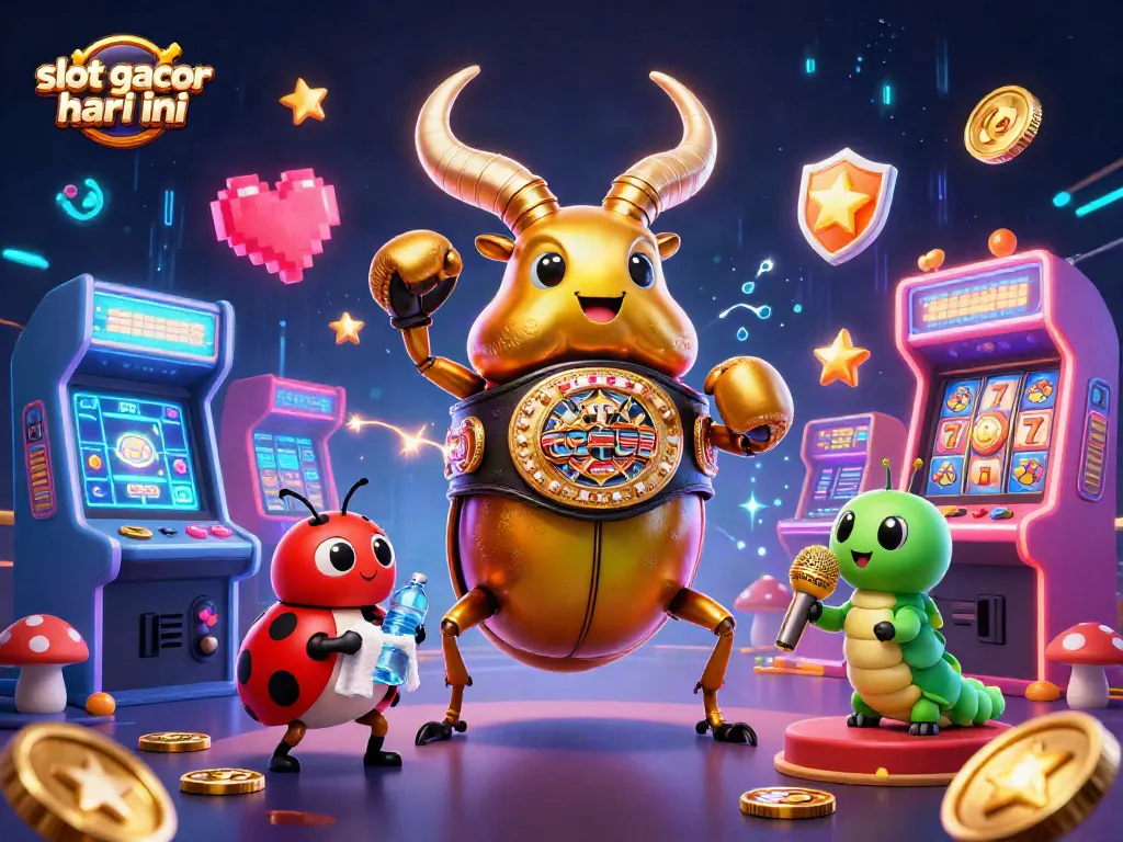 Experience slot gacor hari ini with a dynamic 3D illustration featuring interactive casino elements and vibrant characters.