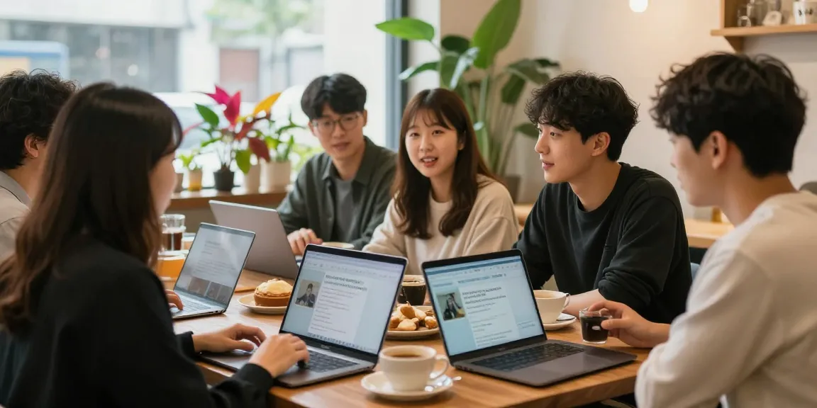 Engaging scene in a cozy café showcasing community interaction at 상봉동 한국관.