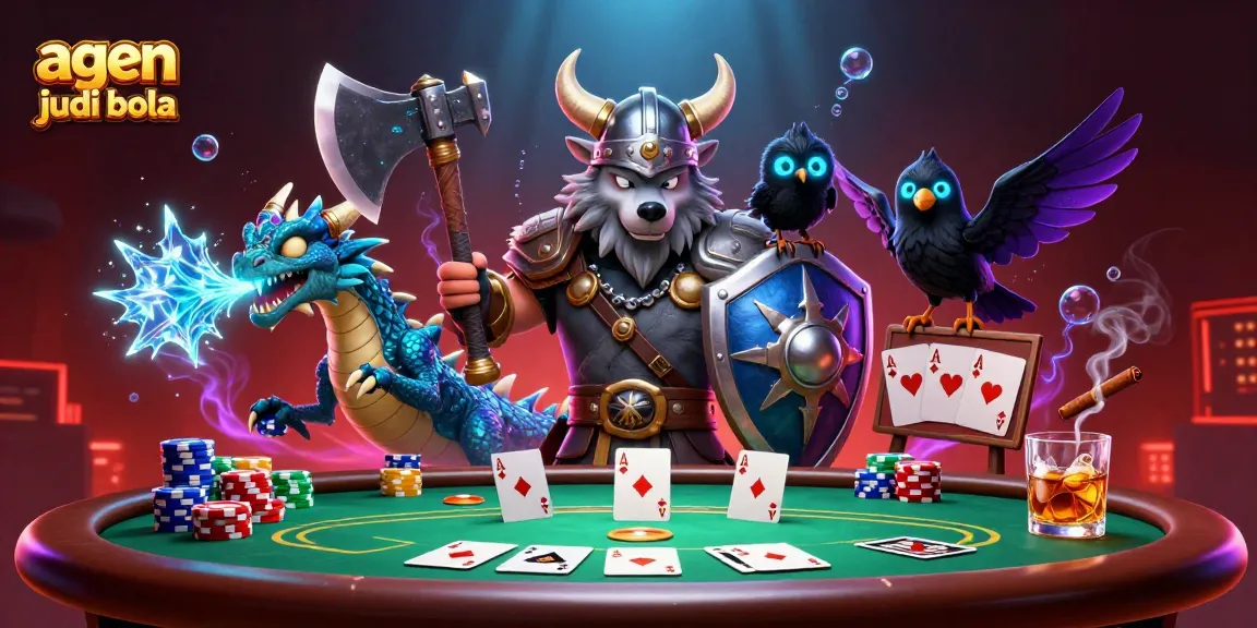 Win at agen judi bola with this engaging scene of a Viking warrior, dragon, and poker elements.