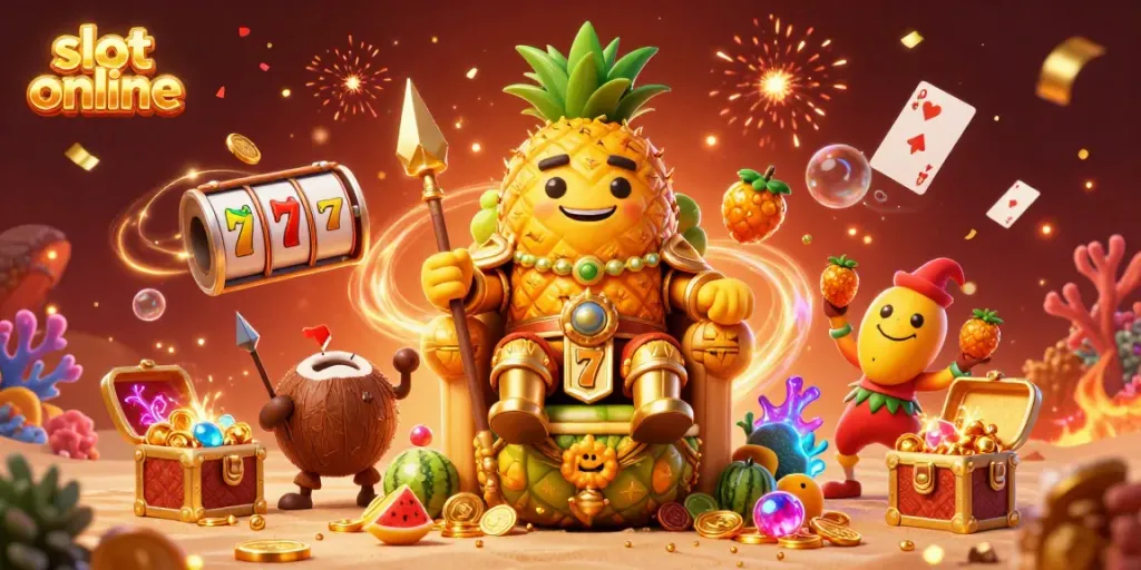 Mencoba keberuntungan di slot online dengan raja nanas emas dan raja buah tropis di kasino pantai.