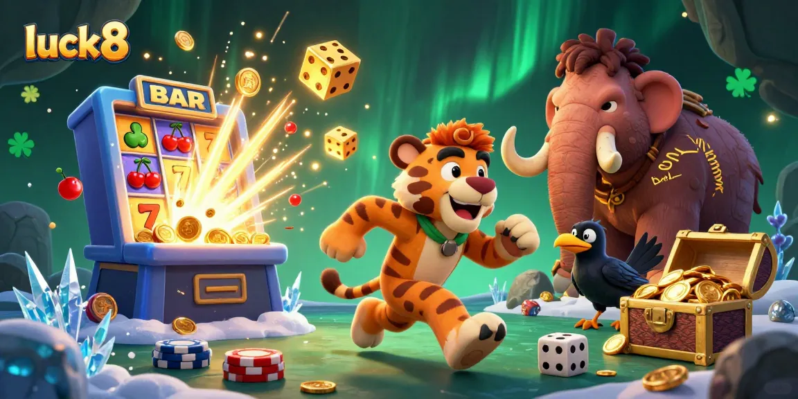 Experience luck8 in action with a vibrant prehistoric casino scene showcasing exciting jackpot moments.