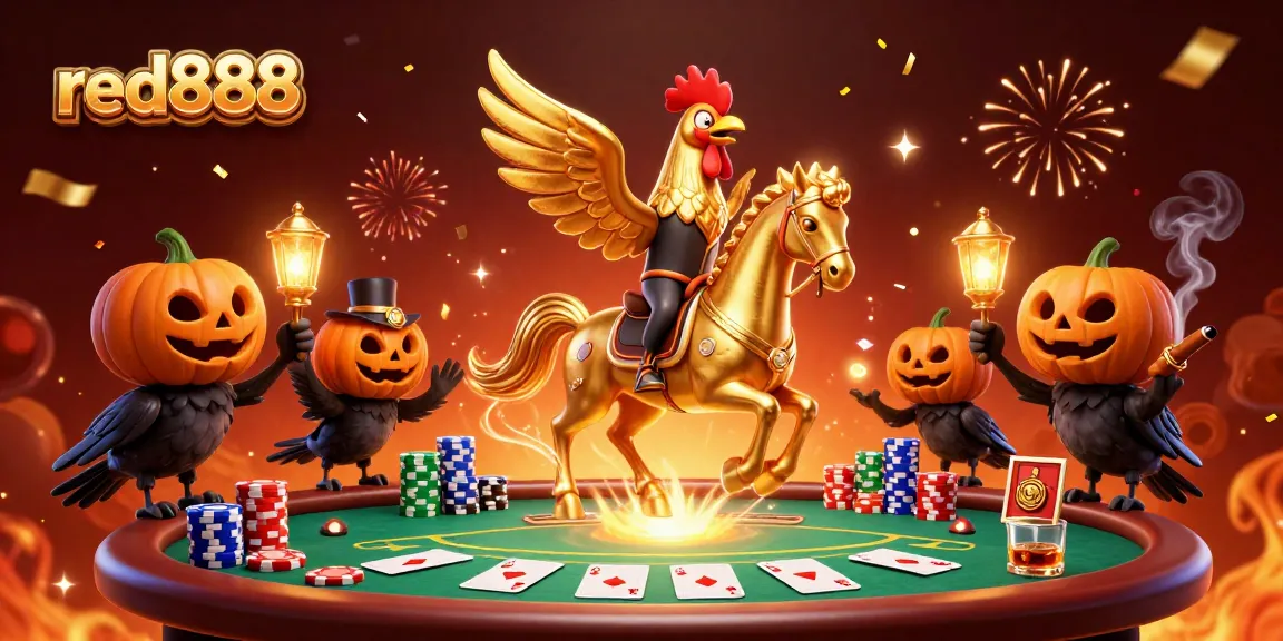 Experience the thrill of red888 with a dynamic casino scene featuring a golden rooster and poker elements.