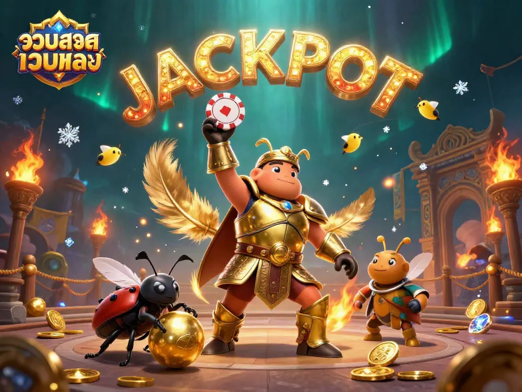 Experience the thrill of รวมสล็อตเว็บตรง as a victorious beetle celebrates with a jackpot cheer.