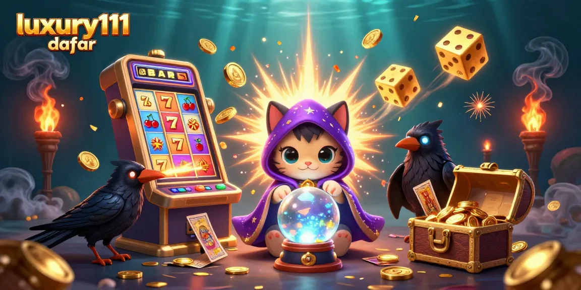 Experience thrilling luxury111 daftar elements with a fortune teller cat amidst vibrant casino visuals.
