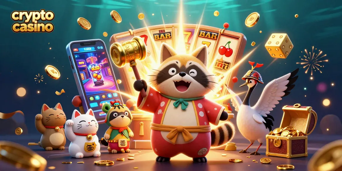 Casino crypto avec un tanuki souriant et des chats maneki-neko, ambiance festive et jeu lucide.