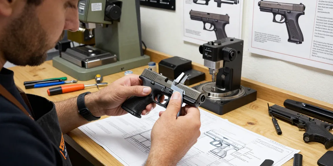 Gunsmith inspecting precision Glock slides at https://precisionglockslides.com workshop with tools and blueprints.