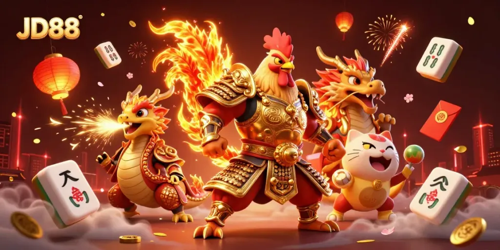 Engage in thrilling adventures at JD88, featuring vibrant casino elements and dynamic characters.