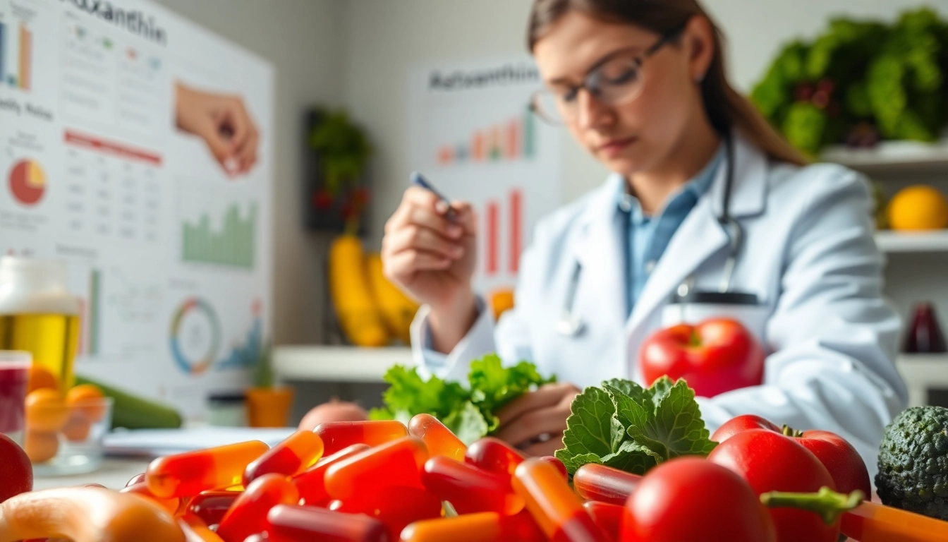 Examining astaxanthin dosage for adults with nutritionist and supplements in a laboratory.