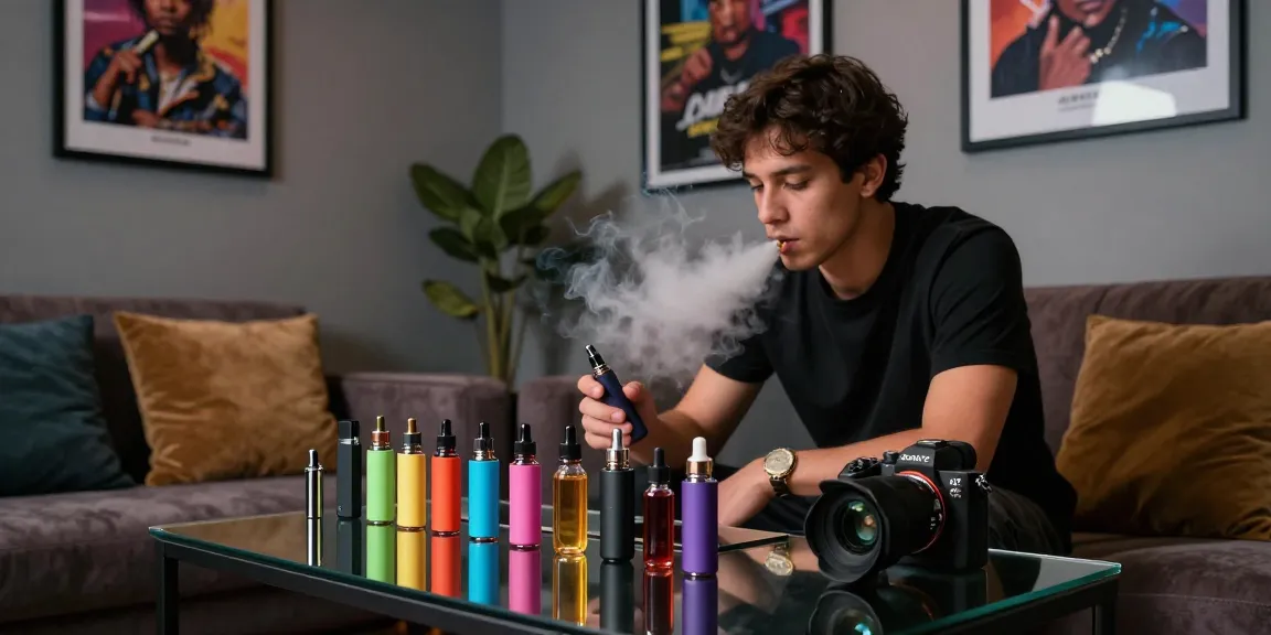 Exploring diverse electronic cigarette devices and colorful 電子煙油 in a stylish lounge, showcasing modern vaping culture.