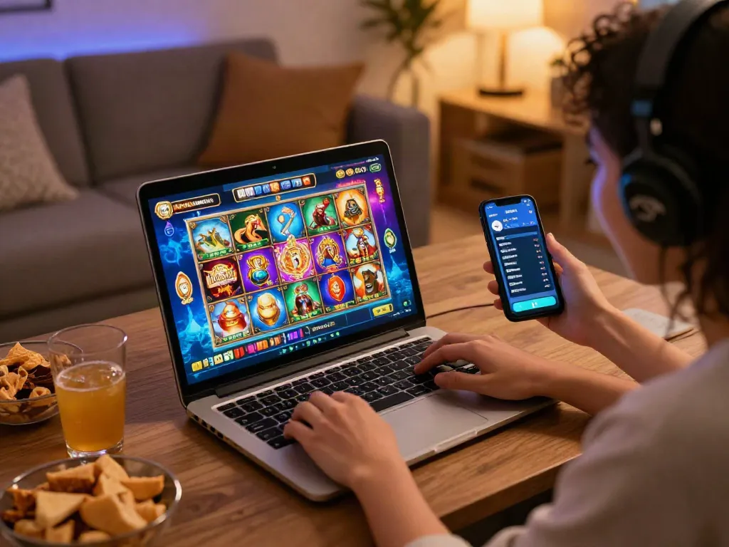 Exciting gamer enjoying a slot resmi experience on a laptop, showcasing vibrant themes and ratings for safe online gambling.