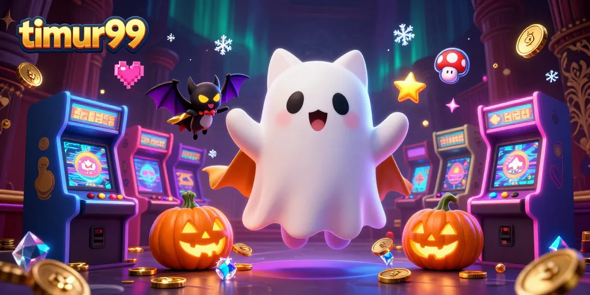 Spin big wins with timur99 in a dynamic haunted casino scene filled with characters and arcade elements.