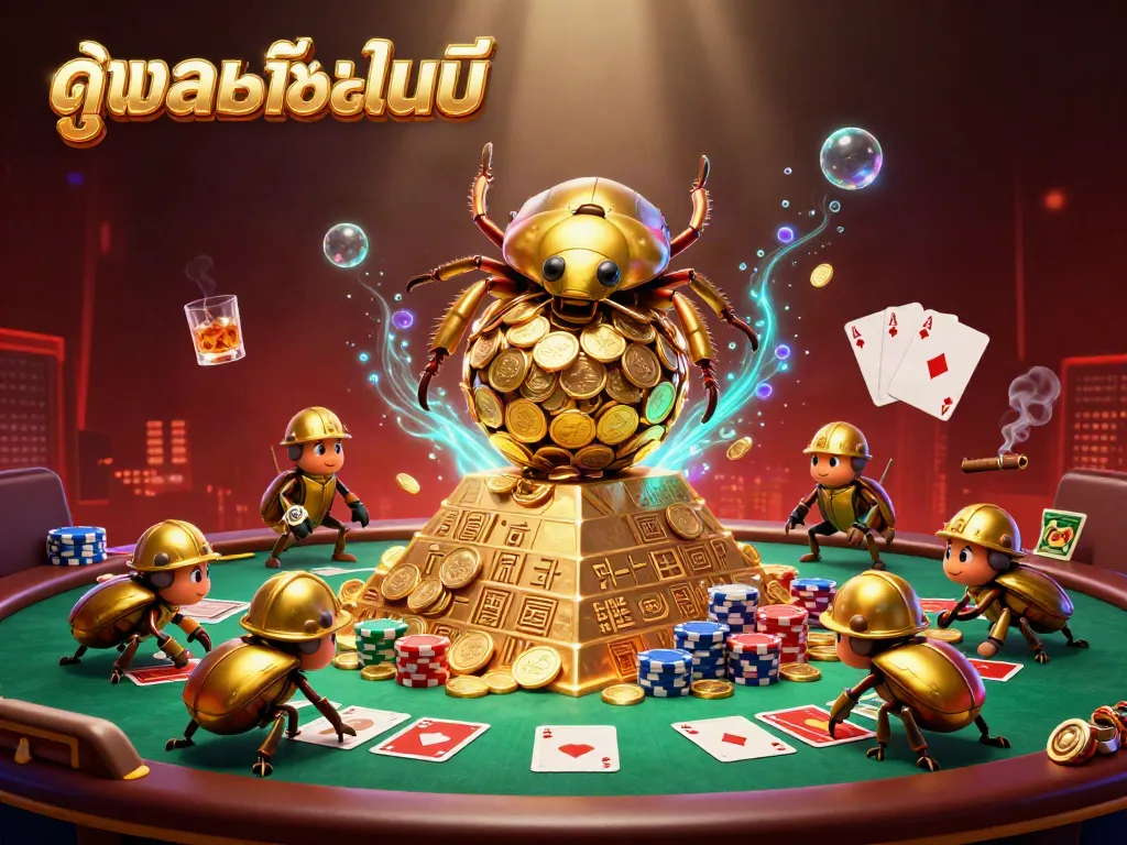 Experience ดูบอลออนไลน์ in a vibrant 3D illustration with golden beetles in action, symbolizing the thrill of online sports betting.