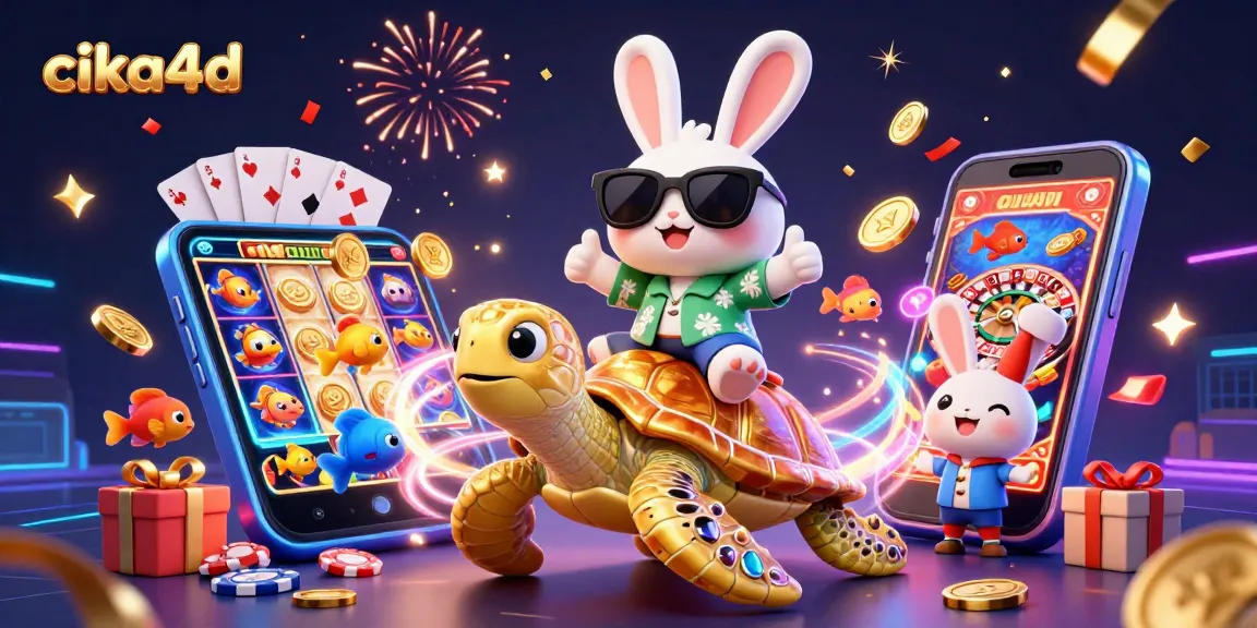 Experience the joy of cika4d gaming with a lucky rabbit and golden sea turtle amidst thrilling slot games.