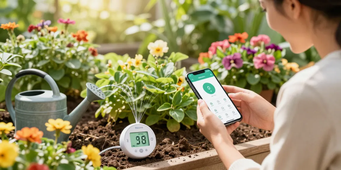 Home gardener adjusting the RainPoint WiFi water timer for optimal plant care amidst vibrant flowers.