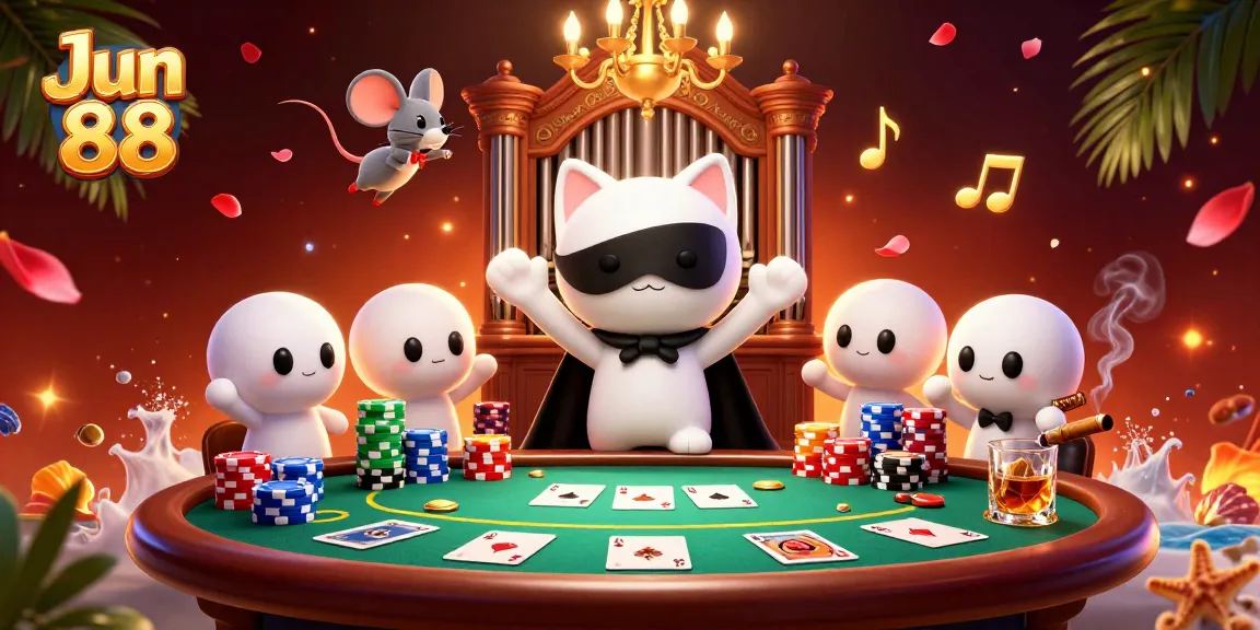 Join the excitement at Jun 88, featuring vibrant casino elements and a whimsical character scene.
