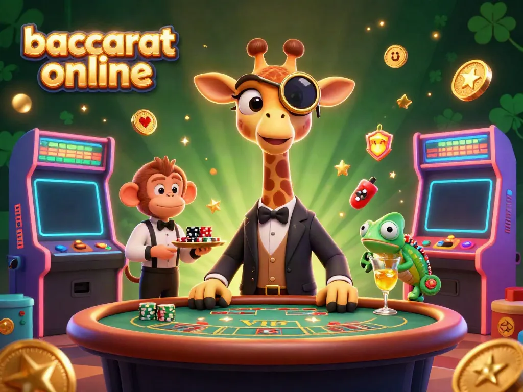 Exciting baccarat online scene with a giraffe, monkey, and chameleon at a vibrant casino table.