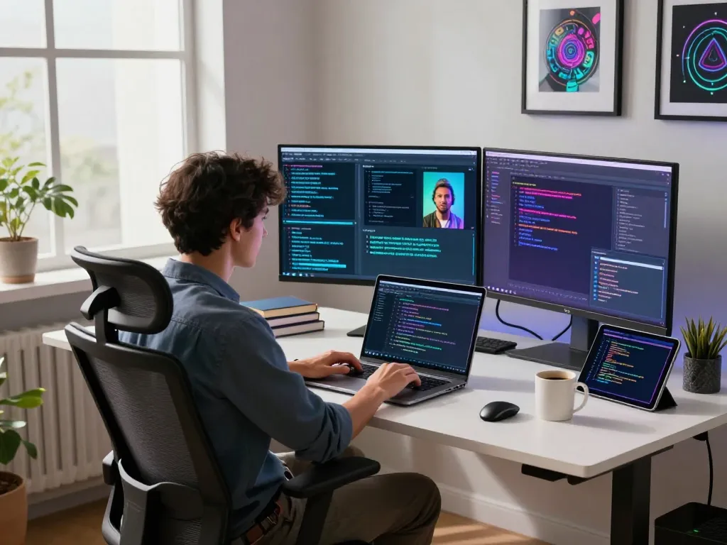Interactive workspace with user engaging with image to prompt AI tool on laptop, showcasing innovative tech.