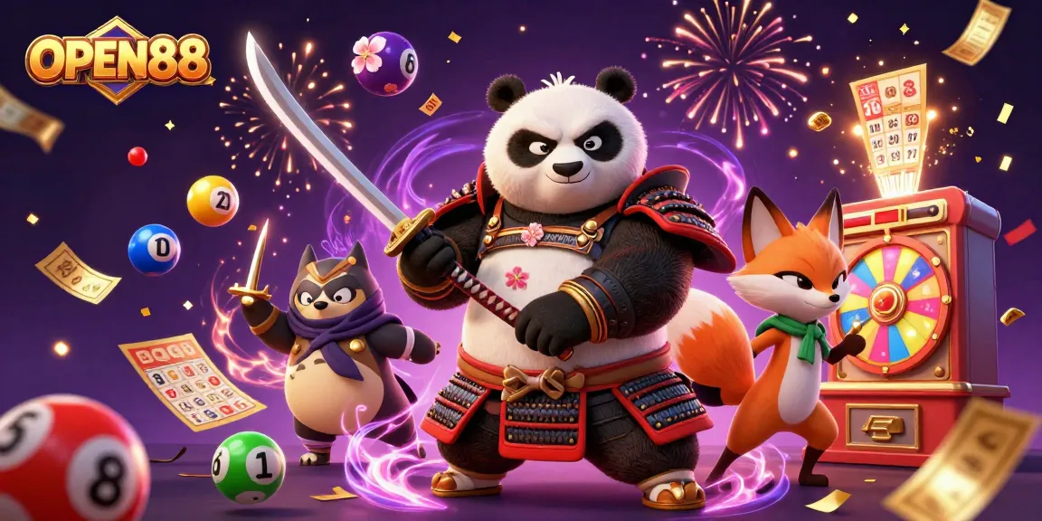 Engage in thrilling online gaming with OPEN88, featuring a vibrant scene of characters amidst lottery balls and a prize wheel.