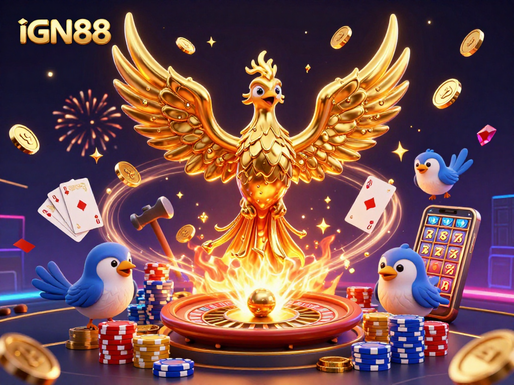 Play thrilling slots with IGN88's golden phoenix and festive casino elements.