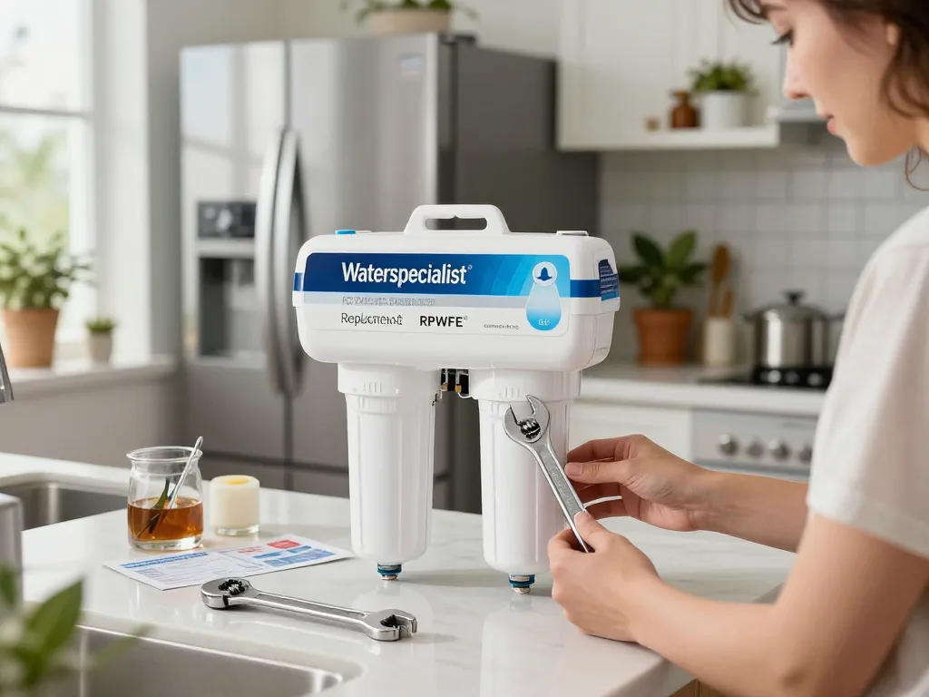 Installing Waterspecialist Replacement for GE® RPWFE® water filter in a modern kitchen setting.