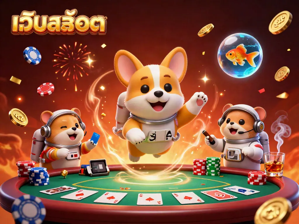 Engage in เว็บสล็อต excitement with a floating casino adventure featuring an astronaut corgi and vibrant poker elements.