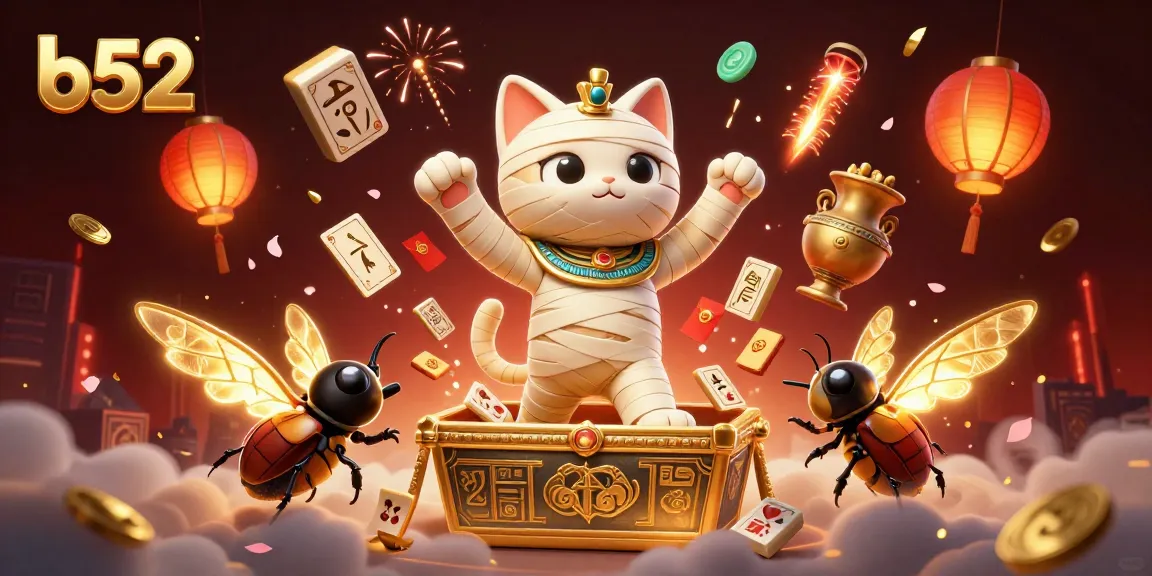 Engage in thrilling b52 casino adventures with mummy cat and glowing scarab beetle.