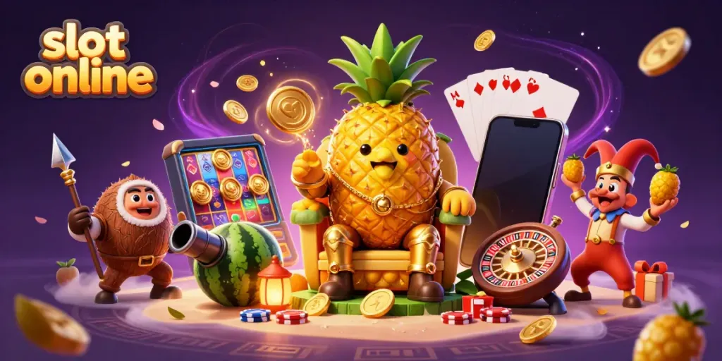 Experience the excitement of slot online games with a vibrant 3D scene featuring a pineapple king and whimsical characters.