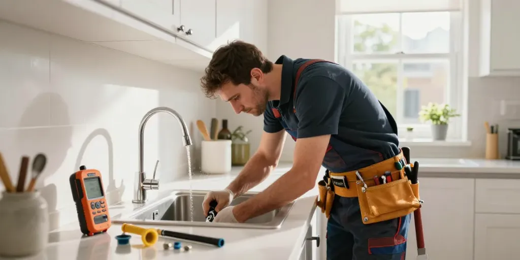 Dedicated plumber London repairing under-sink plumbing with tools, showcasing professional service in a bright kitchen.