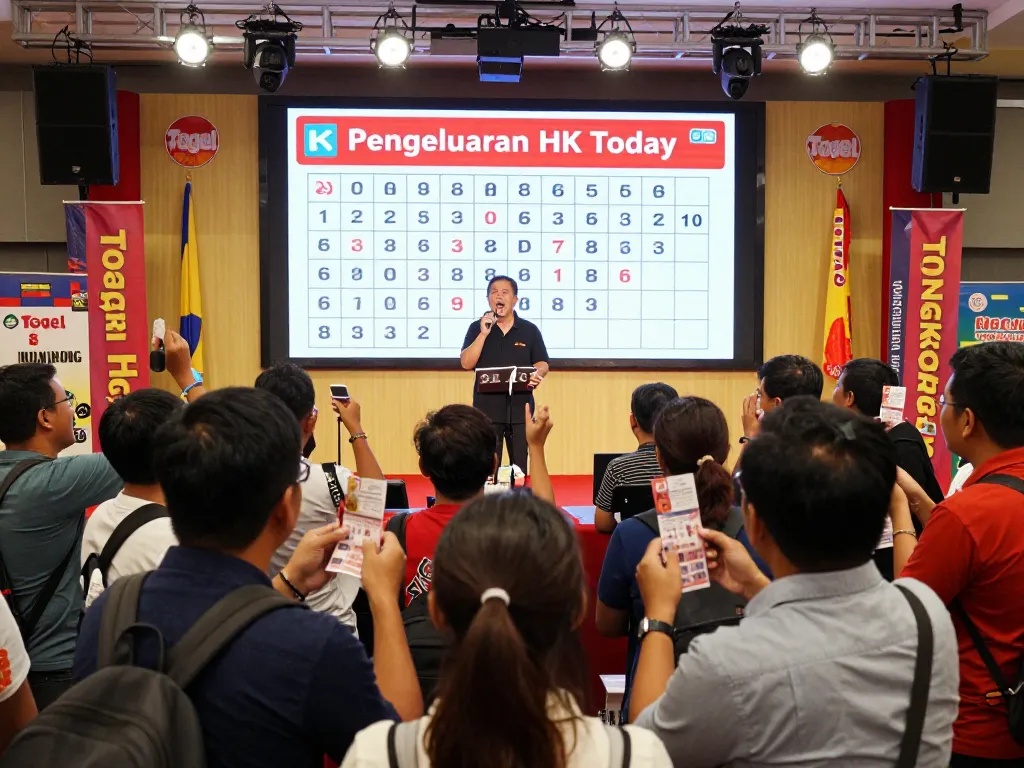 Exciting scene of Pengeluaran HK live draw event with enthusiastic players sharing anticipation.
