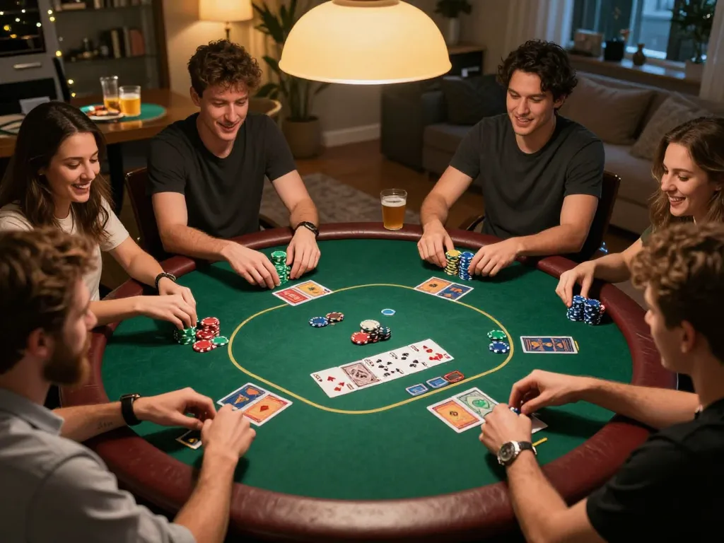 Players enjoying a thrilling poker night, calculating bets and stacking chips, viral4d gaming atmosphere.