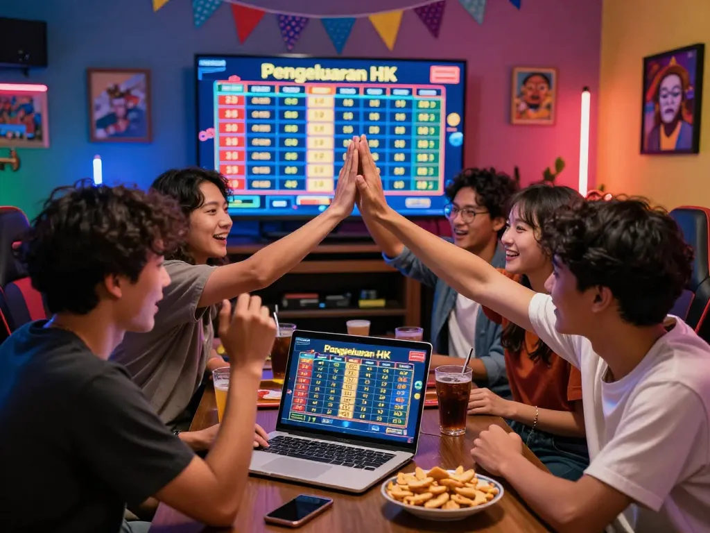 Diverse friends celebrating Pengeluaran HK results in a lively online gambling environment with snacks, laptop, and vibrant lighting.