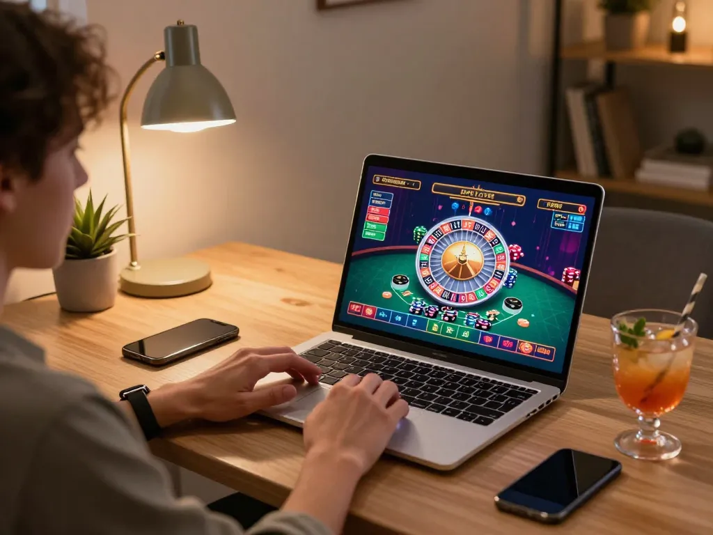 Player engaging in online casino gaming at RR88 while strategizing with visible chips and laptop.