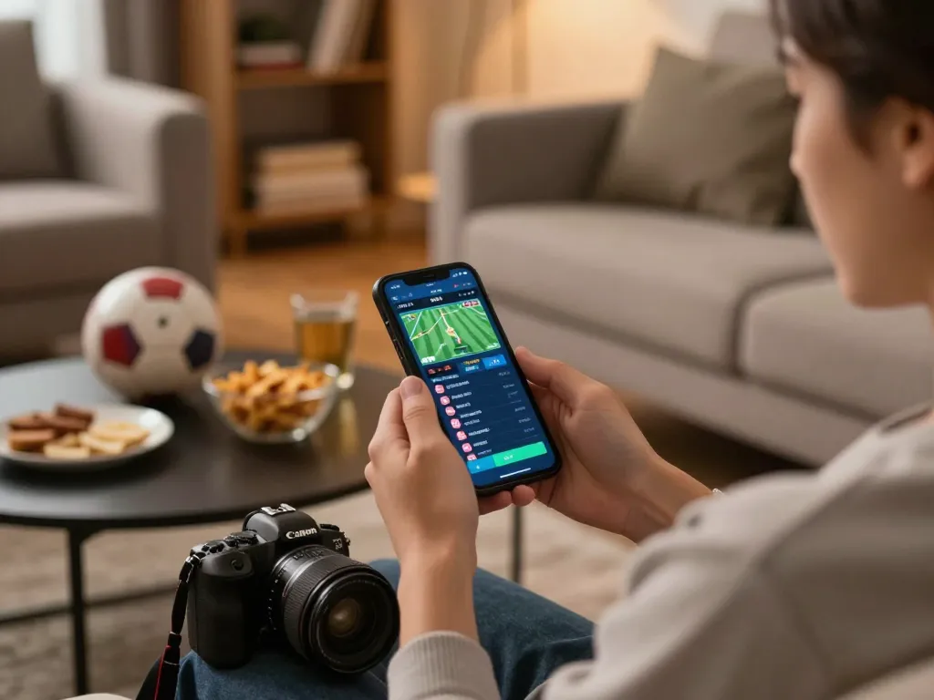 Siti non AAMS per scommesse sportive su uno smartphone in un ambiente domestico accogliente, riflettendo il gioco responsabile.