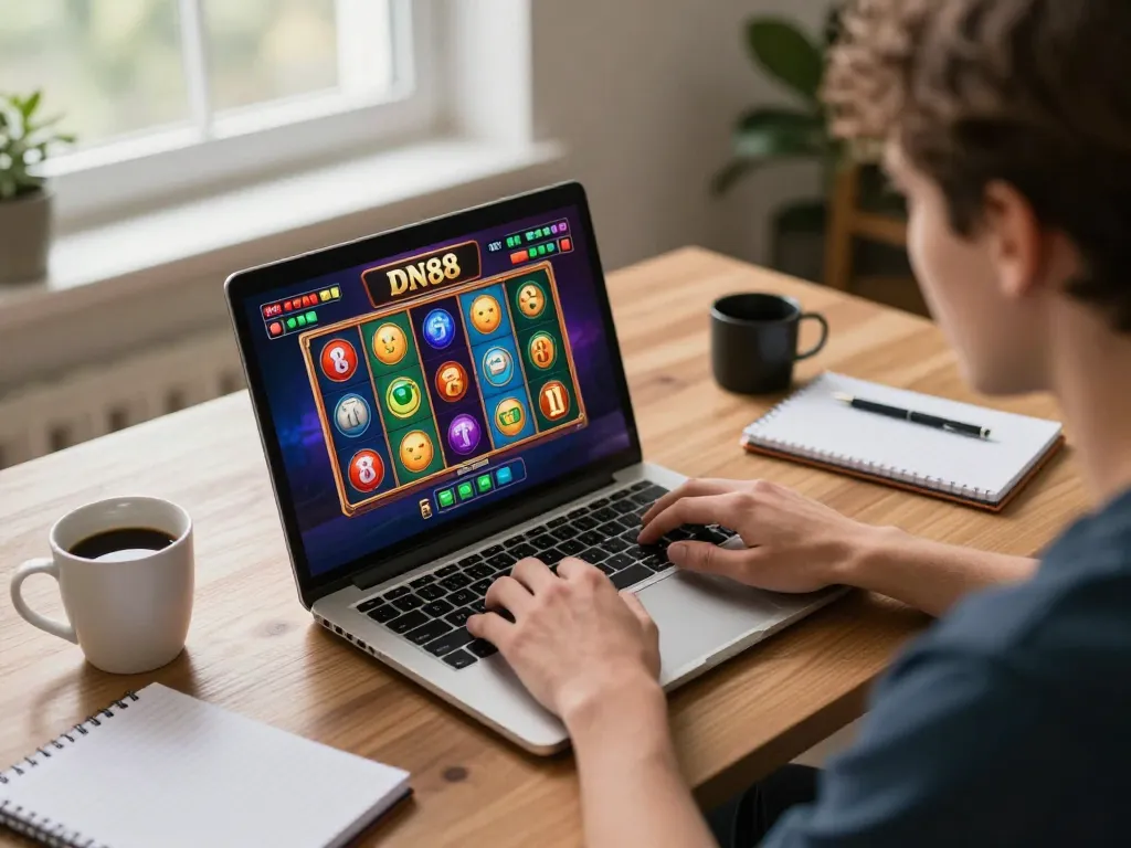 Player enjoying DN88 online casino slots on laptop with vibrant graphics, coffee and strategy notes