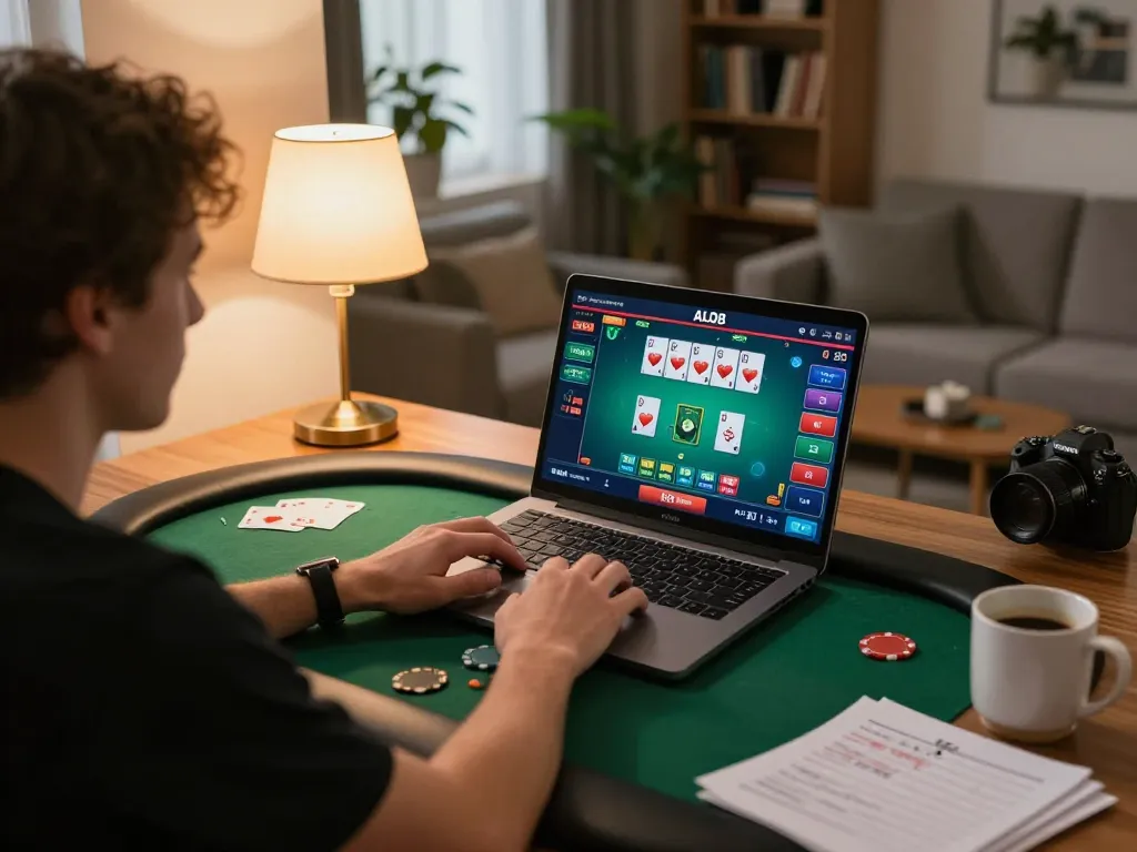 Engaged player strategizing online poker on ALO8, cozy home atmosphere with personal touches