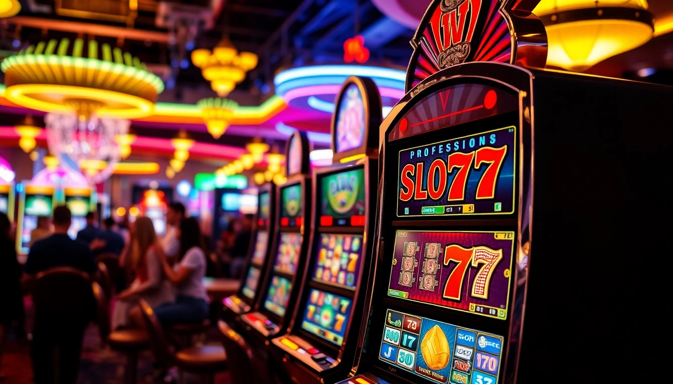 Bermain Slot77 di mesin slot berwarna-warni di kasino yang ramai.