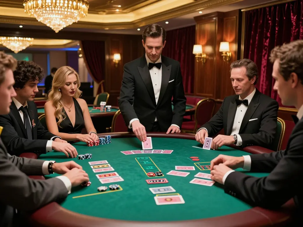 Play dynamic blackjack at fc88's luxurious casino table surrounded by engaged players and a professional dealer.