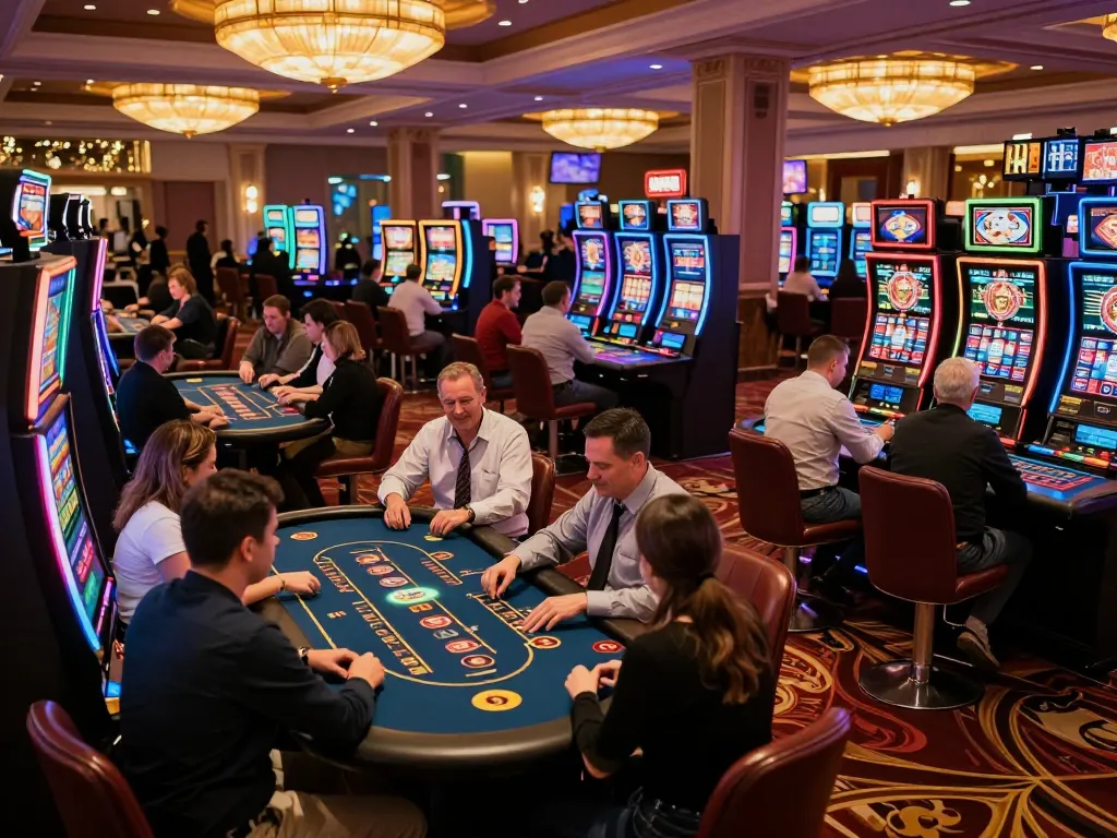Players enjoying the excitement of gem 88 on a dynamic casino floor with vibrant slot machines.