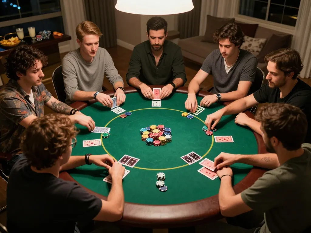 Friends enjoying a vibrant poker game at home, engaging in strategic gameplay at bk8.