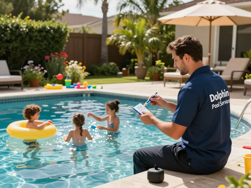 Dolphin Pool Services technician checking water quality in a vibrant family pool environment.